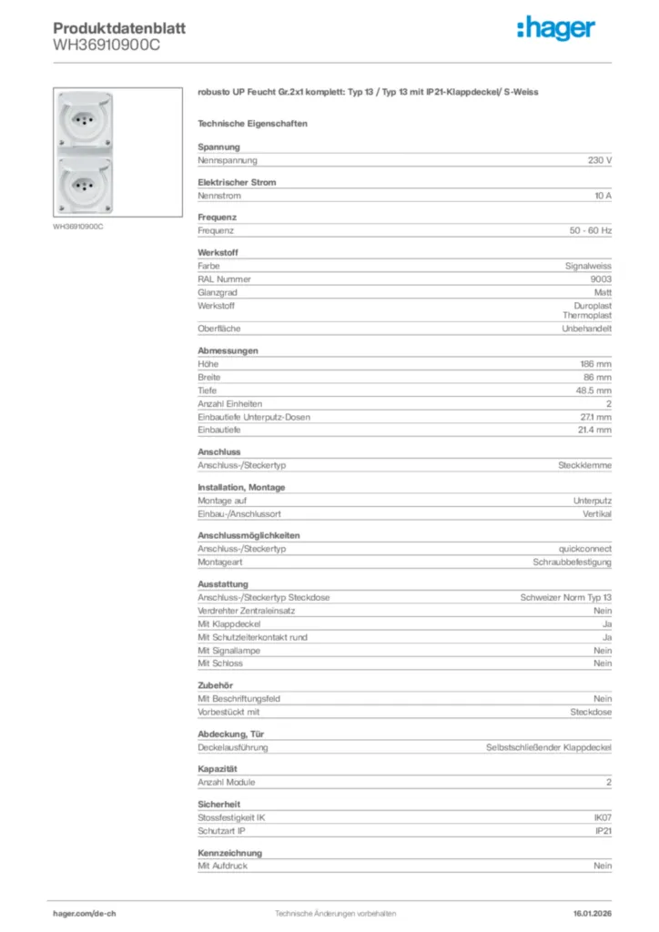 Bild Hager Produktdatenblatt WH36910900C | Hager Schweiz