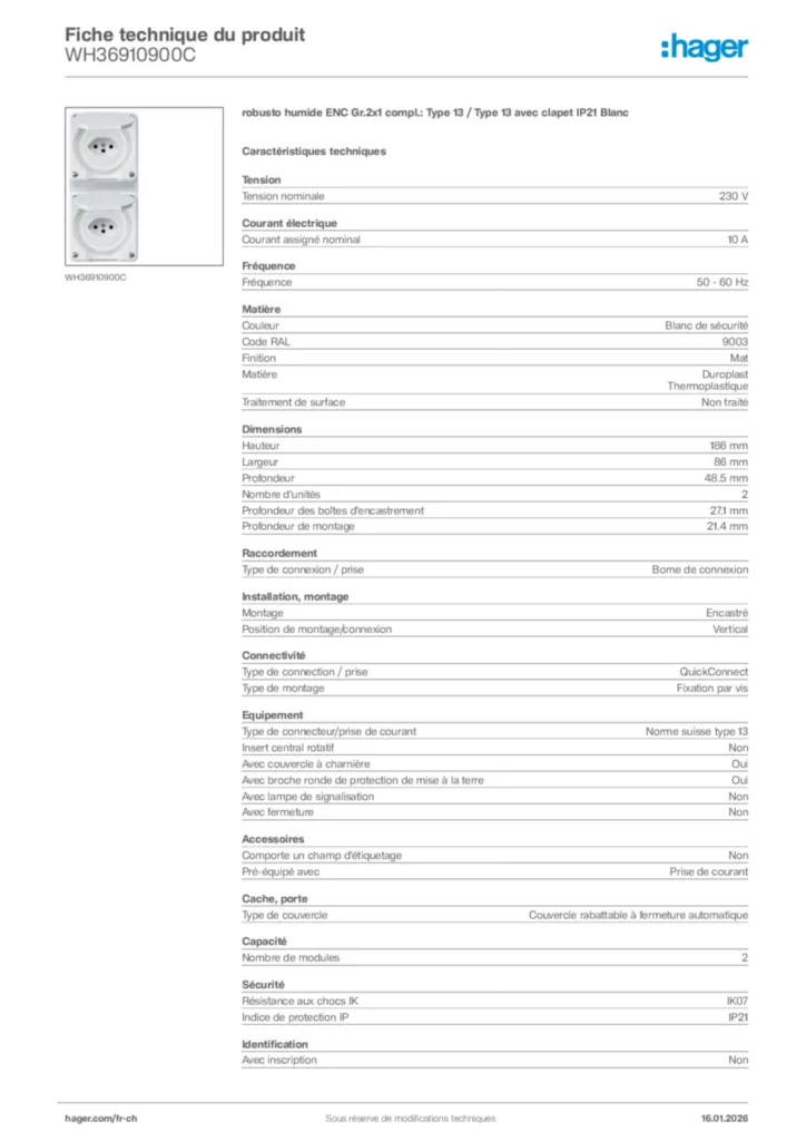 Image Hager Fiche technique du produit WH36910900C | Hager Suisse