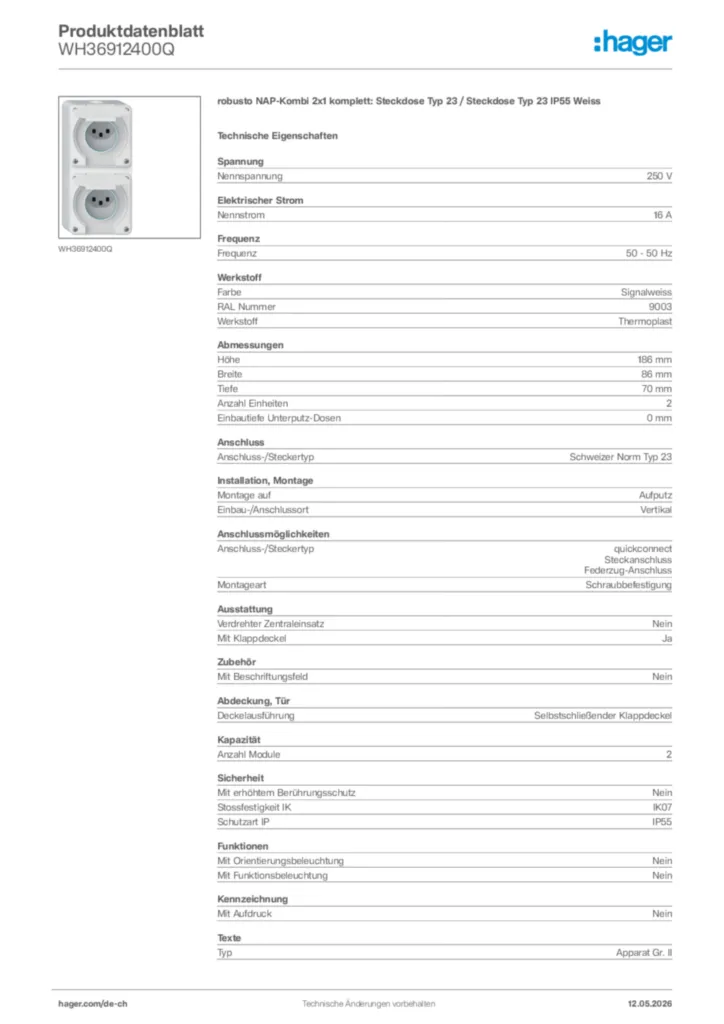 Bild Hager Produktdatenblatt WH36912400Q | Hager Schweiz