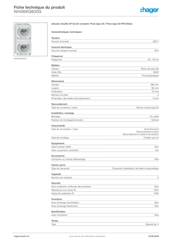 Image Hager Fiche technique du produit WH36912400Q | Hager Suisse
