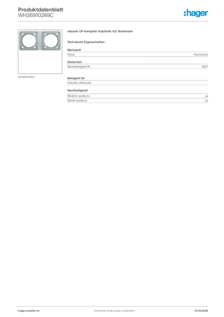 Bild Hager Produktdatenblatt WH36910249C | Hager Schweiz