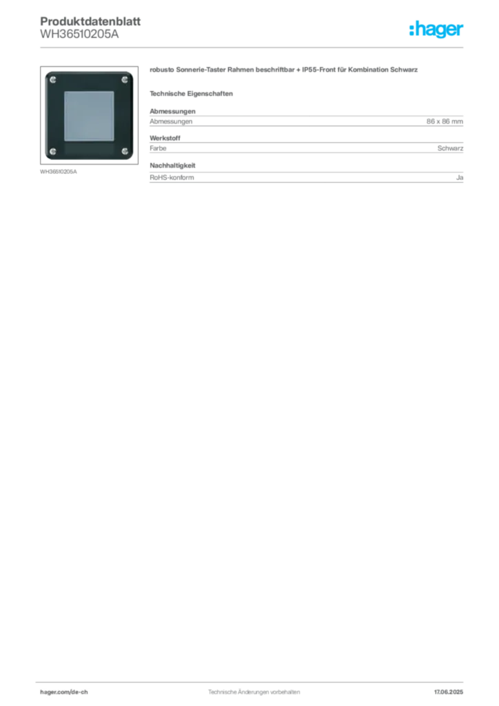 Bild Hager Produktdatenblatt WH36510205A | Hager Schweiz