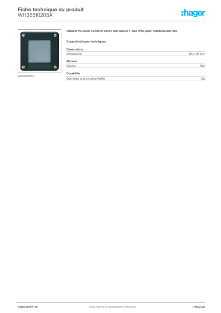 Image Hager Fiche technique du produit WH36510205A | Hager Suisse