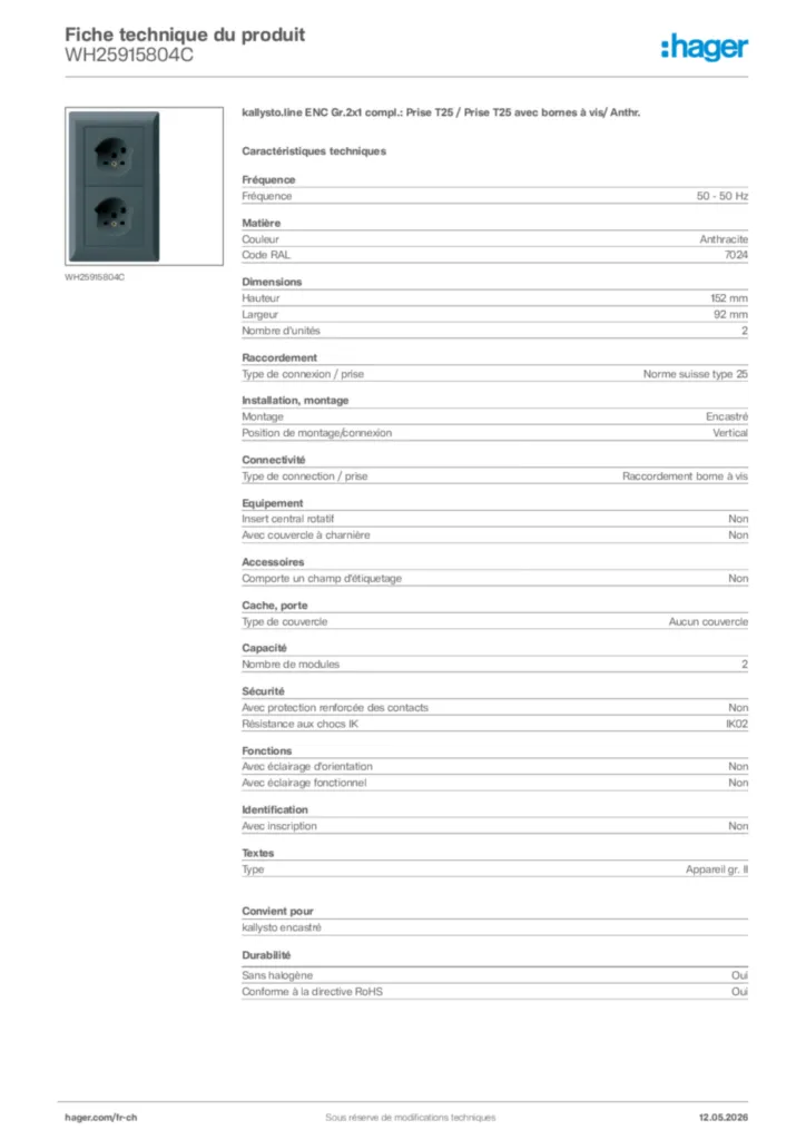 Image Hager Fiche technique du produit WH25915804C | Hager Suisse