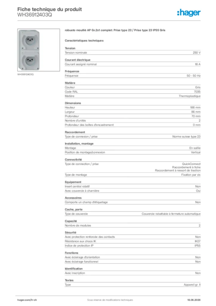 Image Hager Fiche technique du produit WH36912403Q | Hager Suisse