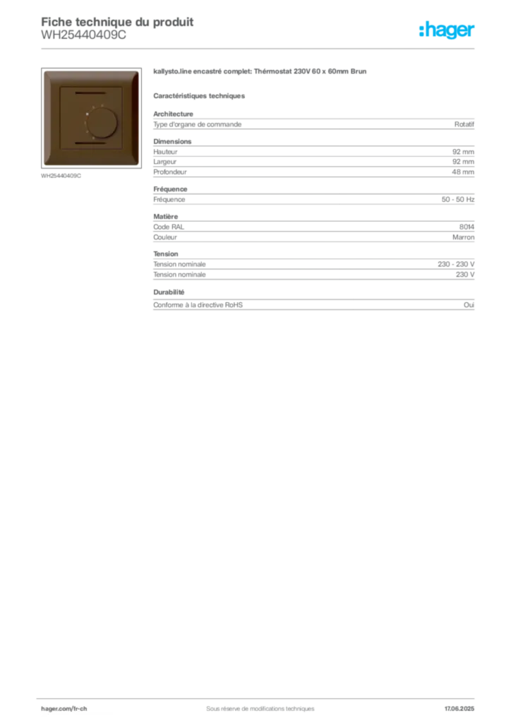 Image Hager Fiche technique du produit WH25440409C | Hager Suisse