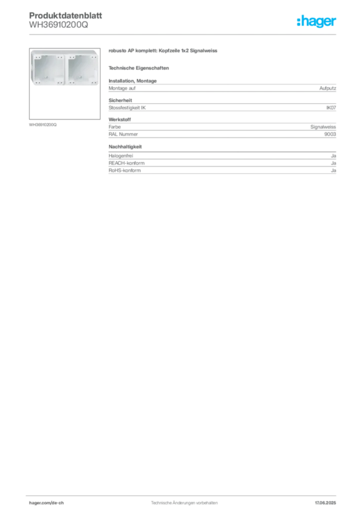 Bild Hager Produktdatenblatt WH36910200Q | Hager Schweiz