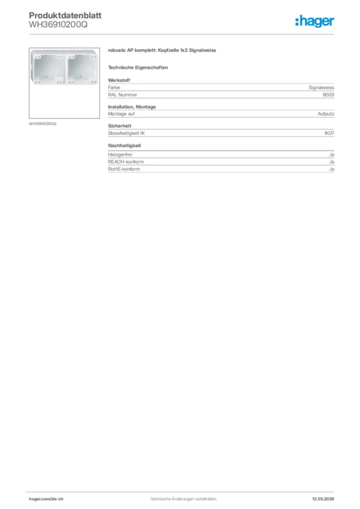 Bild Hager Produktdatenblatt WH36910200Q | Hager Schweiz