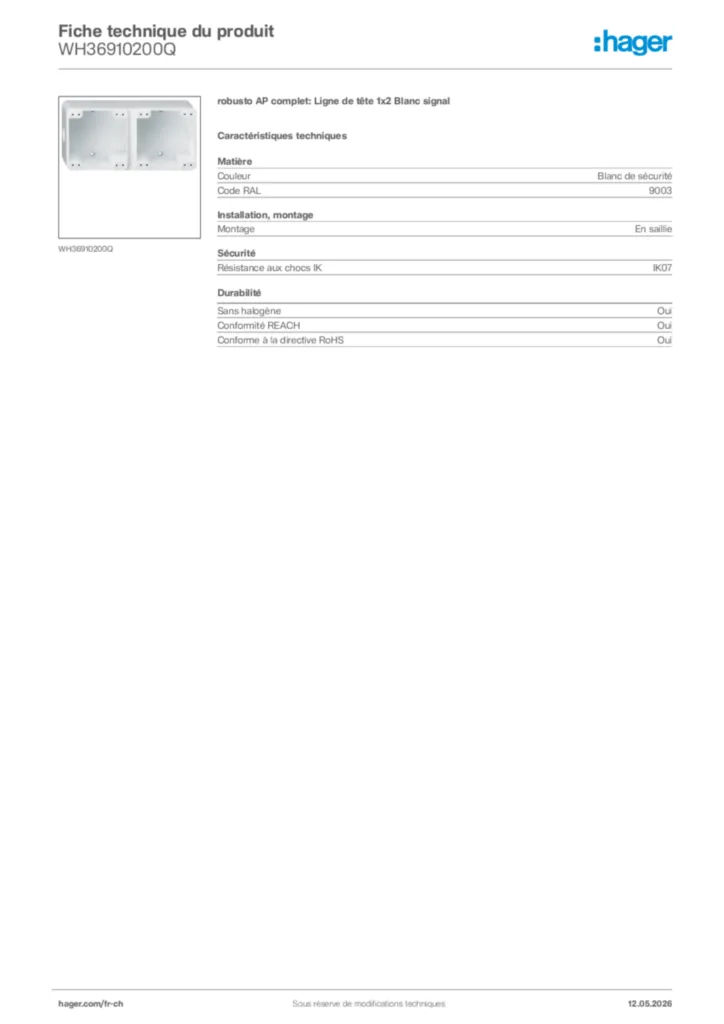 Image Hager Fiche technique du produit WH36910200Q | Hager Suisse