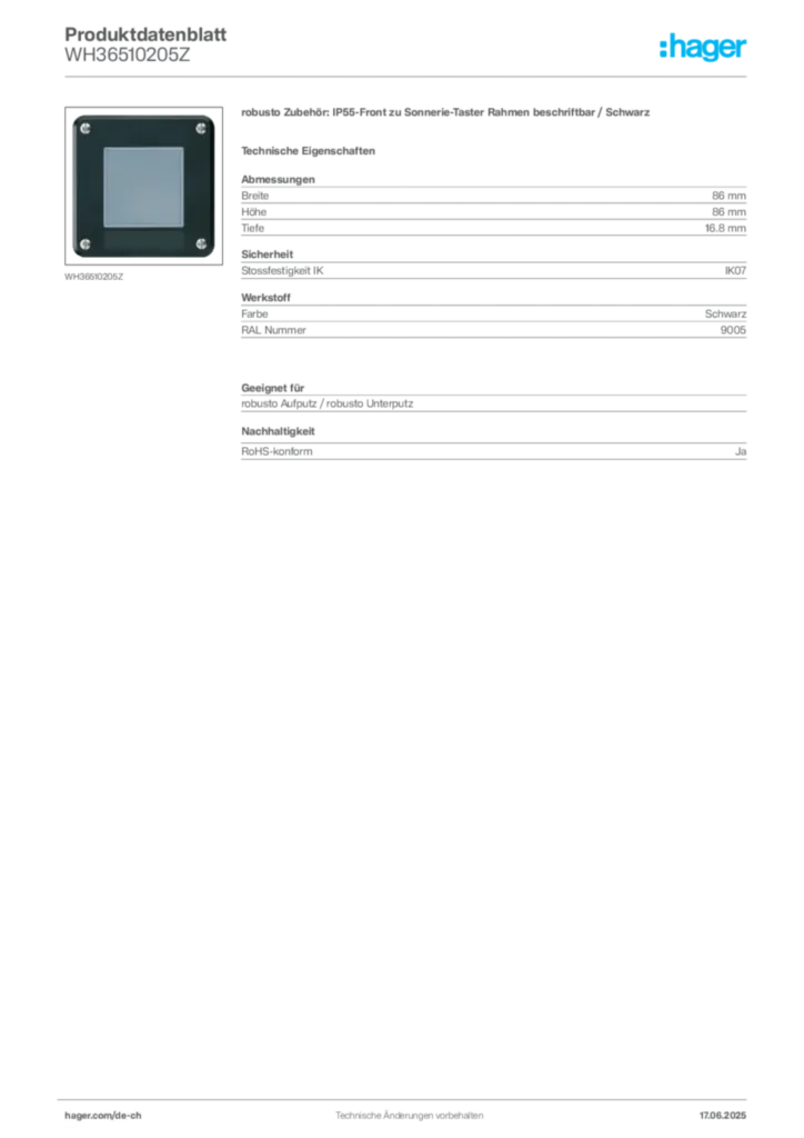 Bild Hager Produktdatenblatt WH36510205Z | Hager Schweiz