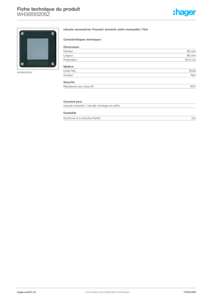 Image Hager Fiche technique du produit WH36510205Z | Hager Suisse