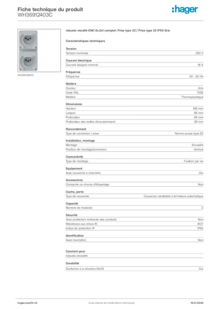 Image Hager Fiche technique du produit WH36912403C | Hager Suisse