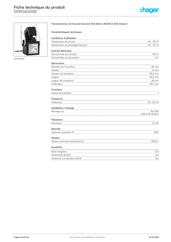 Image Hager Fiche technique du produit SRR04005B | Hager Belgique