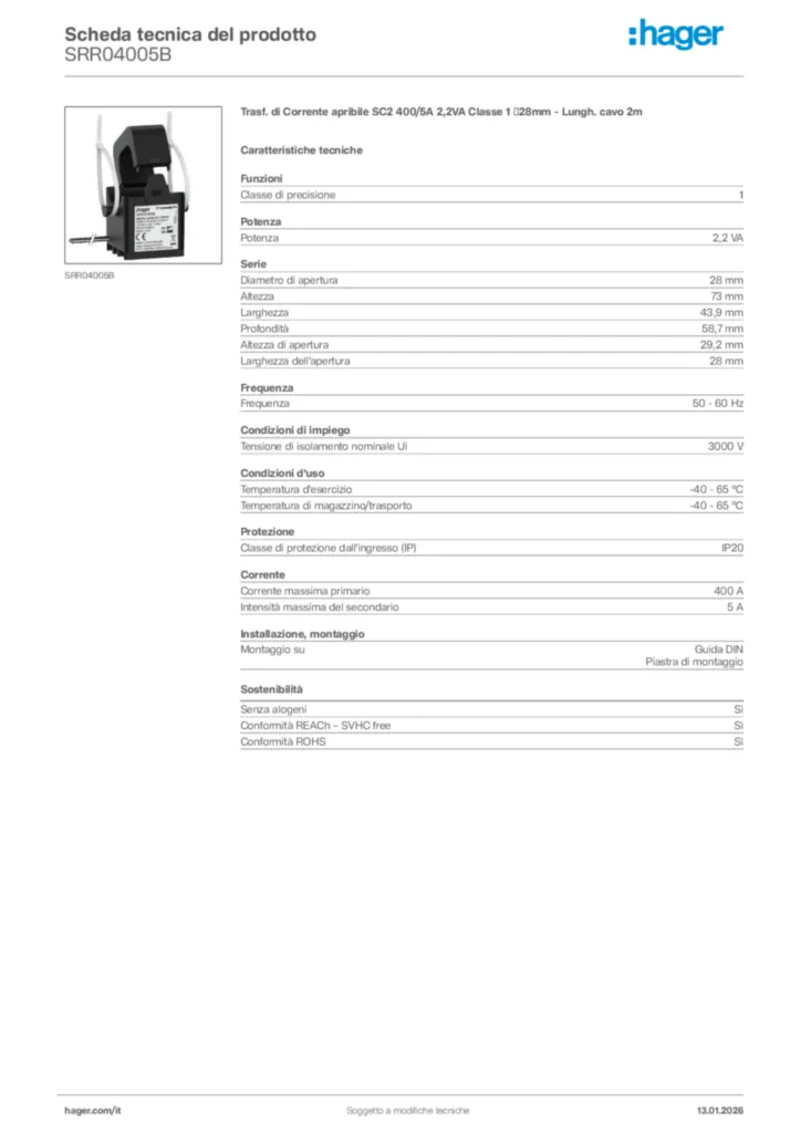 Immagine Hager Scheda tecnica del prodotto SRR04005B | Hager Italia