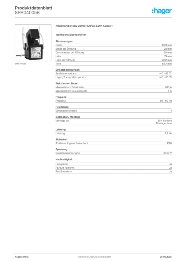 Bild Hager Produktdatenblatt SRR04005B | Hager Deutschland
