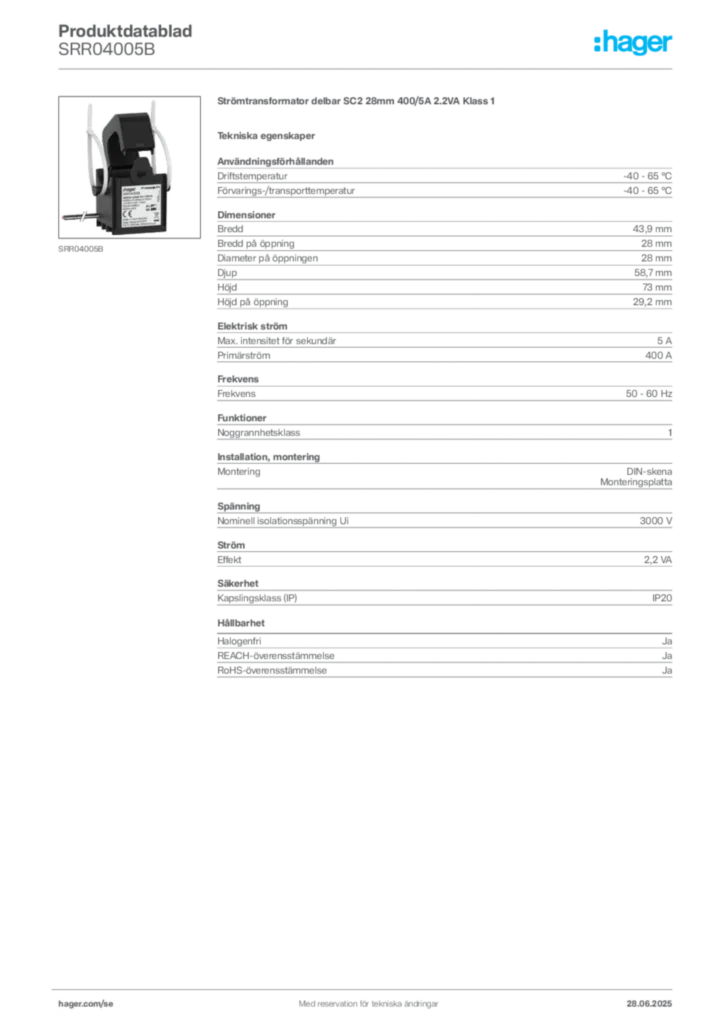Bild Hager Produktdatablad SRR04005B | Hager Sverige