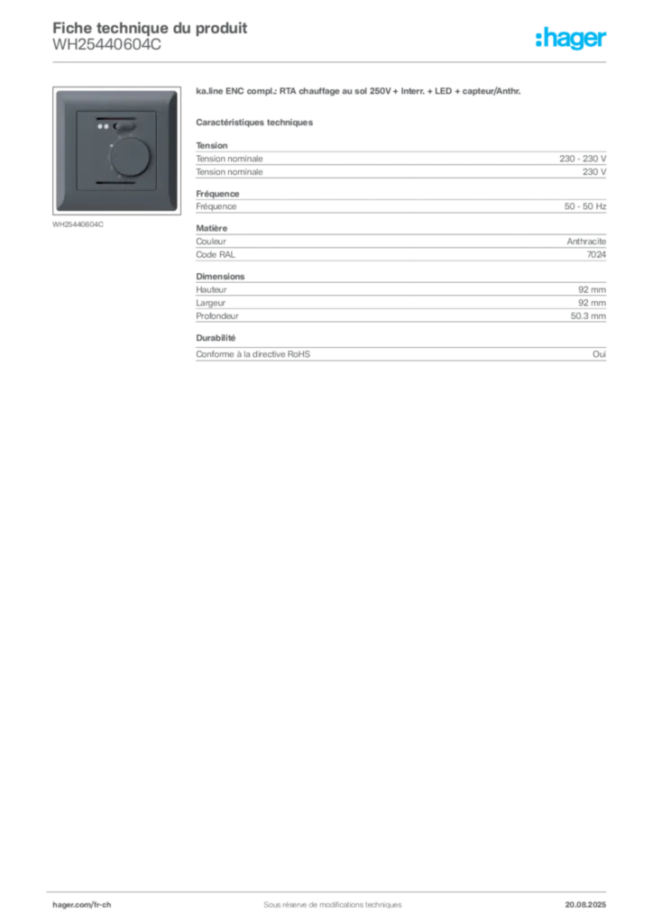 Image Hager Fiche technique du produit WH25440604C | Hager Suisse