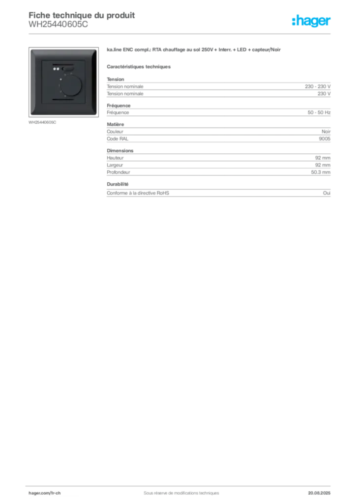 Image Hager Fiche technique du produit WH25440605C | Hager Suisse