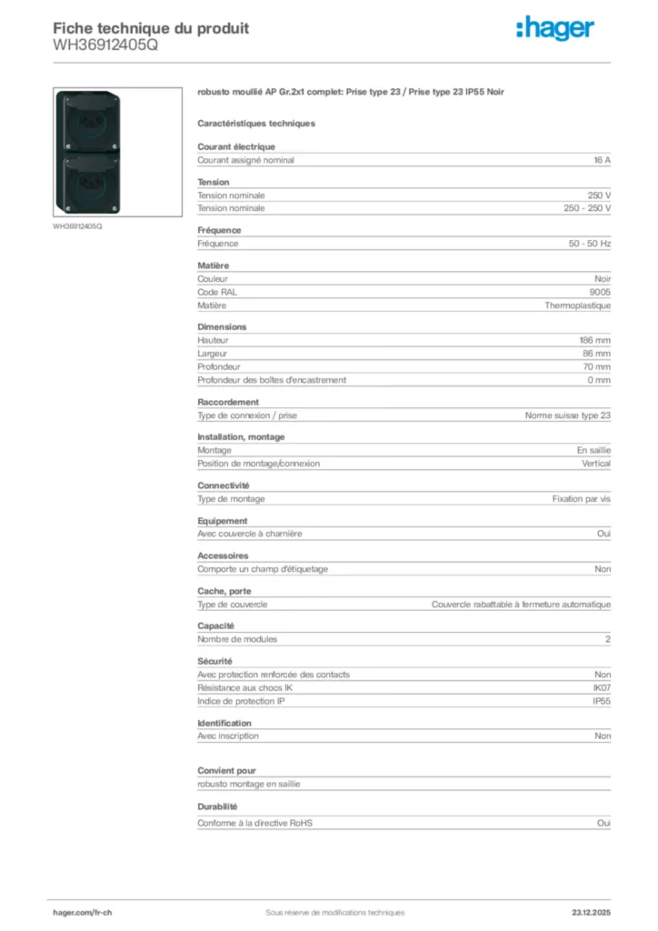 Image Hager Fiche technique du produit WH36912405Q | Hager Suisse