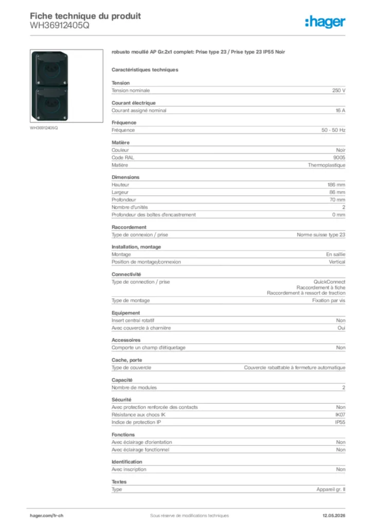 Image Hager Fiche technique du produit WH36912405Q | Hager Suisse