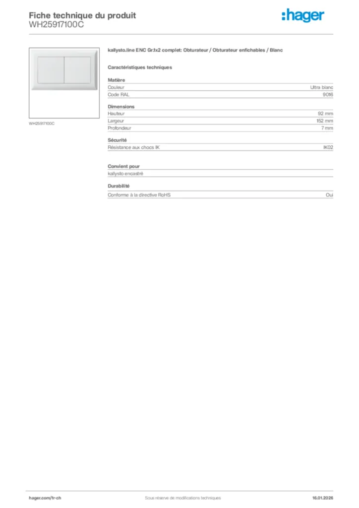 Image Hager Fiche technique du produit WH25917100C | Hager Suisse