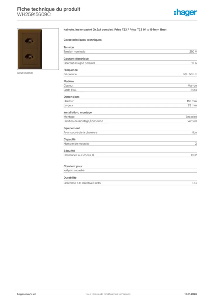 Image Hager Fiche technique du produit WH25915609C | Hager Suisse