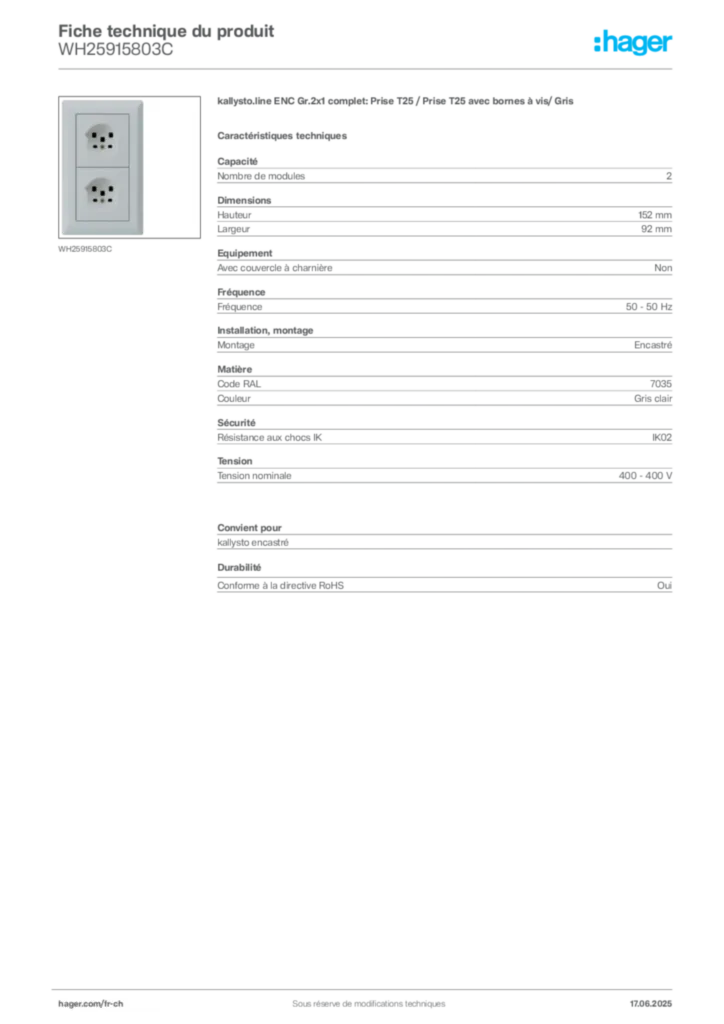 Image Hager Fiche technique du produit WH25915803C | Hager Suisse