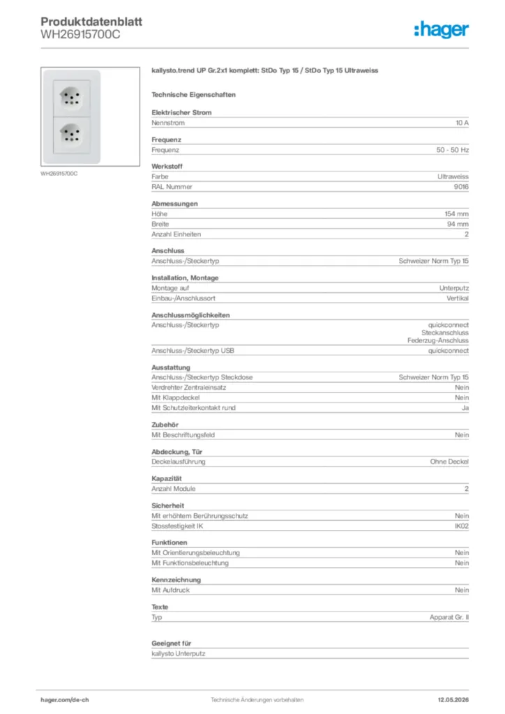 Bild Hager Produktdatenblatt WH26915700C | Hager Schweiz