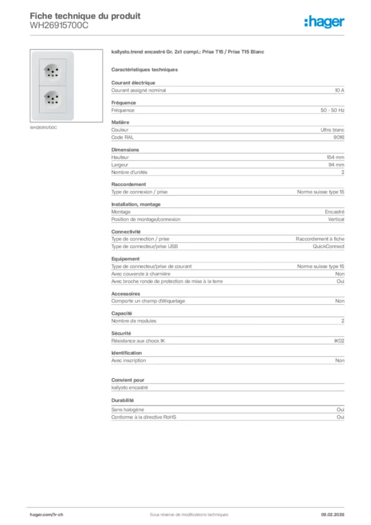 Image Hager Fiche technique du produit WH26915700C | Hager Suisse
