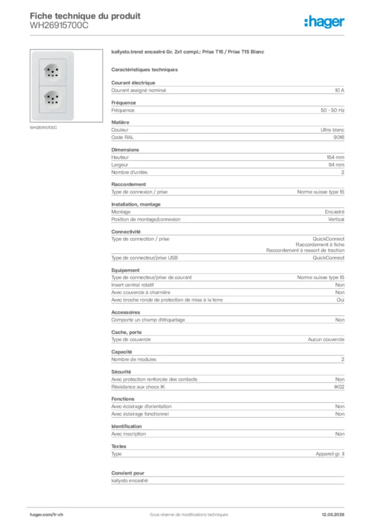 Image Hager Fiche technique du produit WH26915700C | Hager Suisse