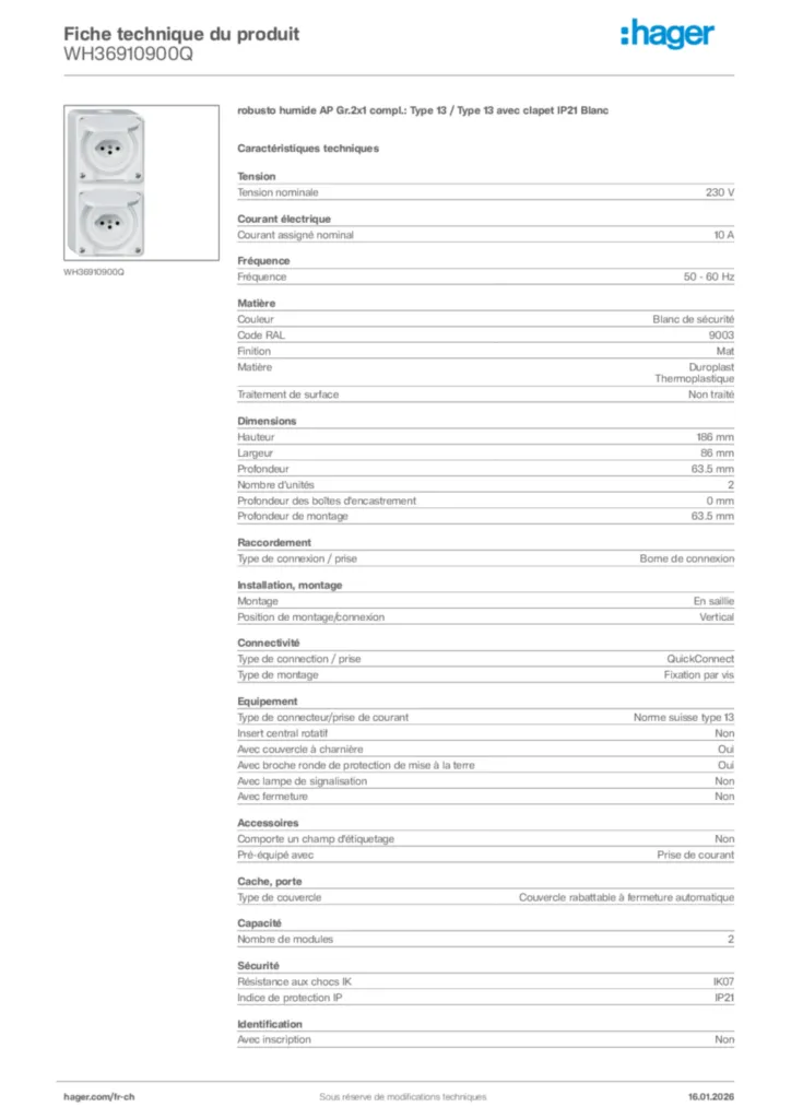 Image Hager Fiche technique du produit WH36910900Q | Hager Suisse