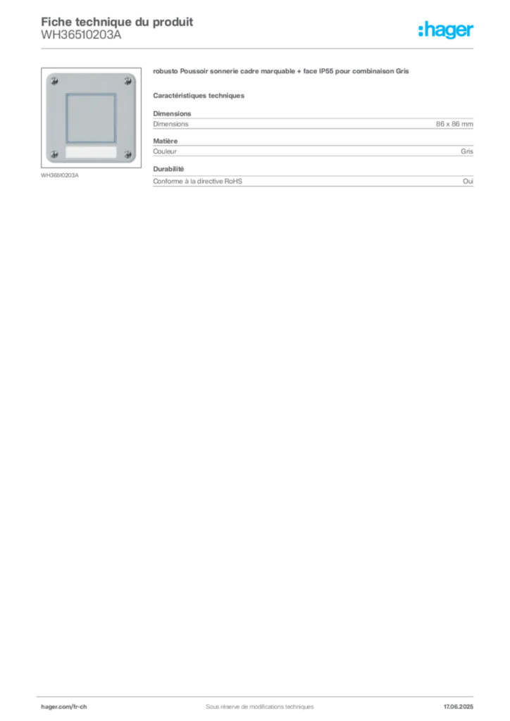 Image Hager Fiche technique du produit WH36510203A | Hager Suisse