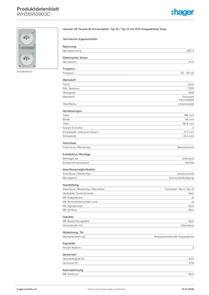 Bild Hager Produktdatenblatt WH36910903C | Hager Schweiz