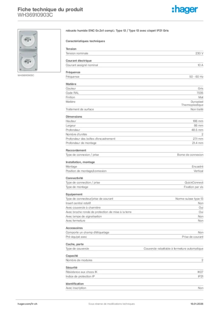 Image Hager Fiche technique du produit WH36910903C | Hager Suisse