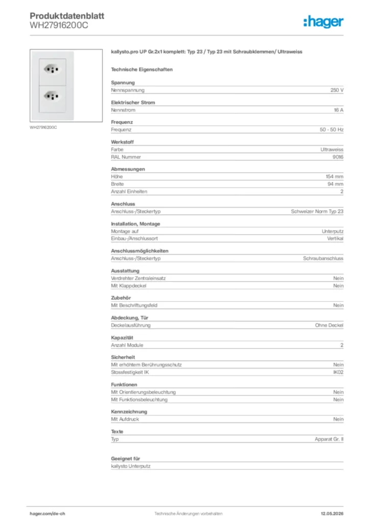 Bild Hager Produktdatenblatt WH27916200C | Hager Schweiz