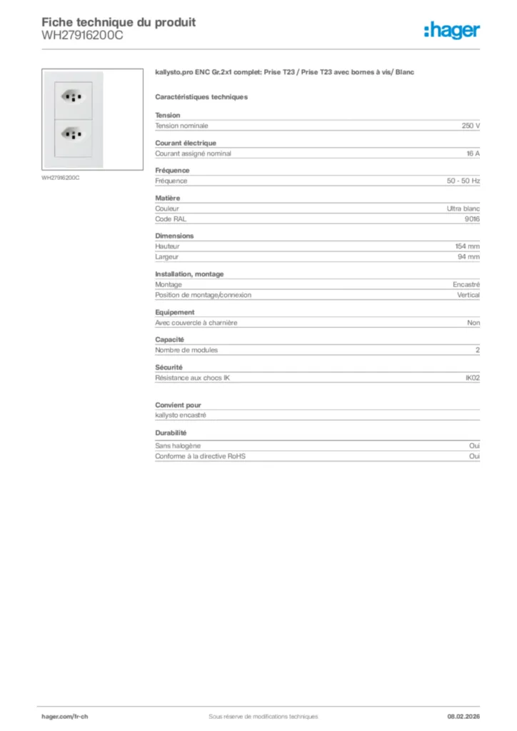 Image Hager Fiche technique du produit WH27916200C | Hager Suisse