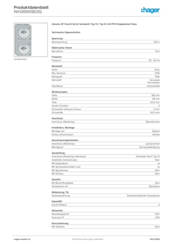 Bild Hager Produktdatenblatt WH36910903Q | Hager Schweiz