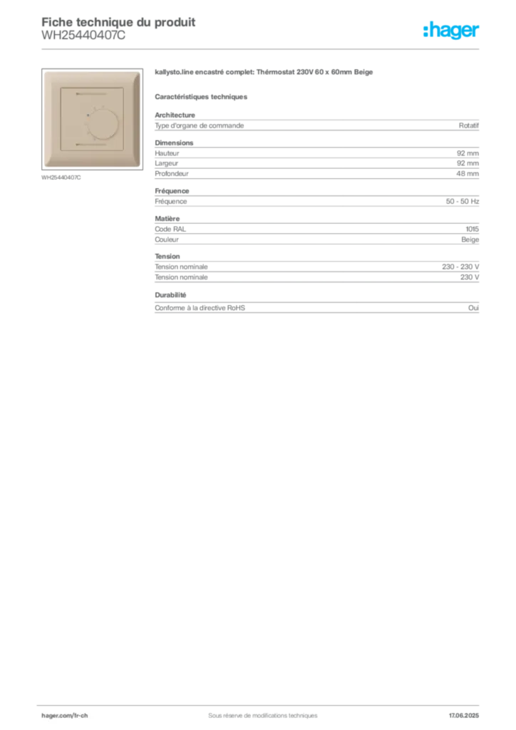 Image Hager Fiche technique du produit WH25440407C | Hager Suisse