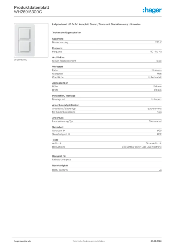 Bild Hager Produktdatenblatt WH26915300C | Hager Schweiz