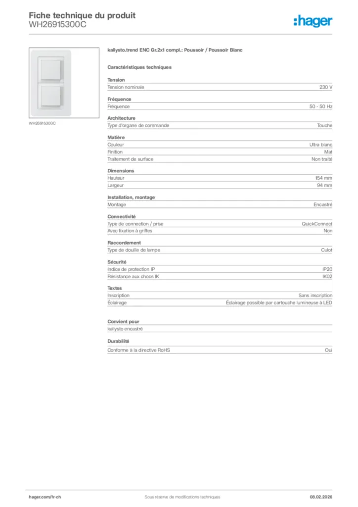 Image Hager Fiche technique du produit WH26915300C | Hager Suisse