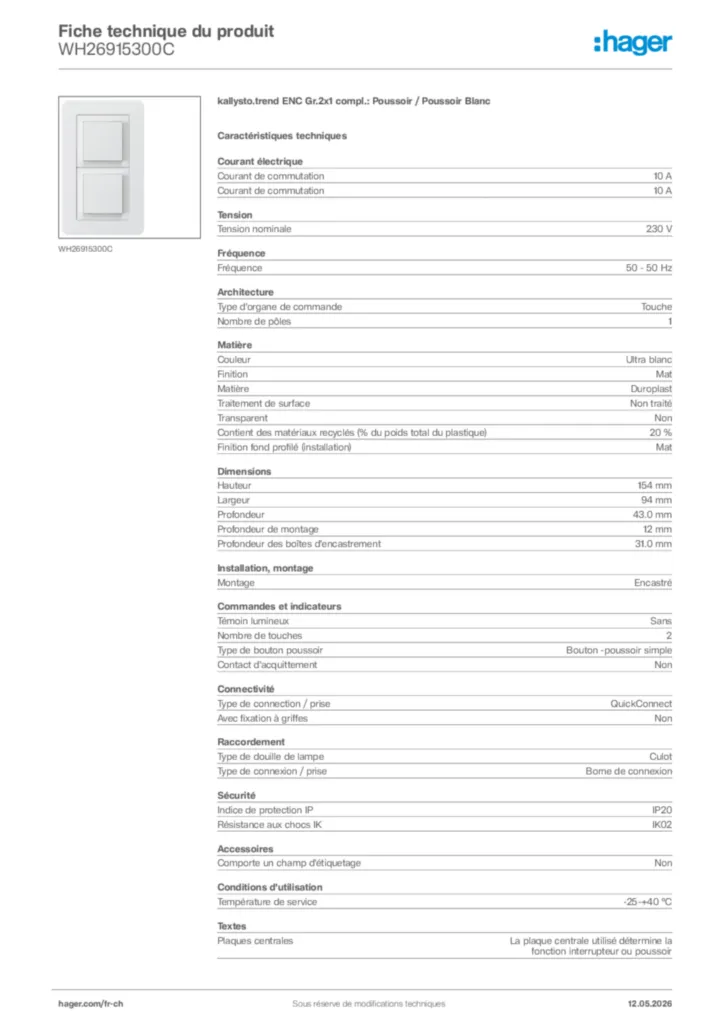 Image Hager Fiche technique du produit WH26915300C | Hager Suisse