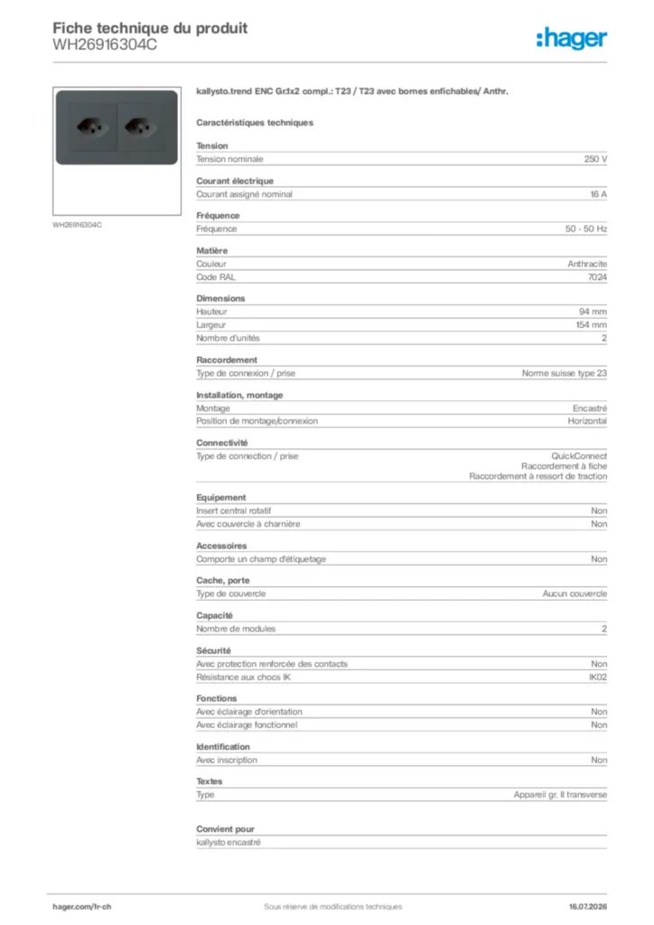 Image Hager Fiche technique du produit WH26916304C | Hager Suisse