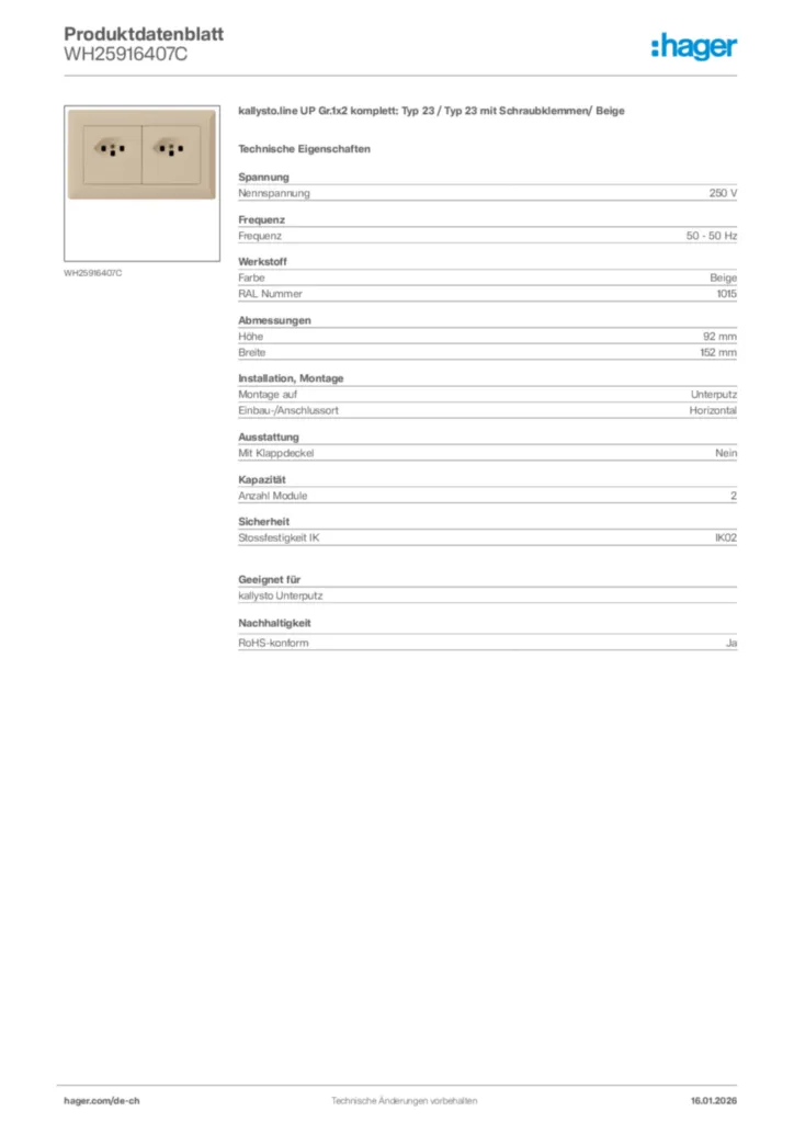 Bild Hager Produktdatenblatt WH25916407C | Hager Schweiz