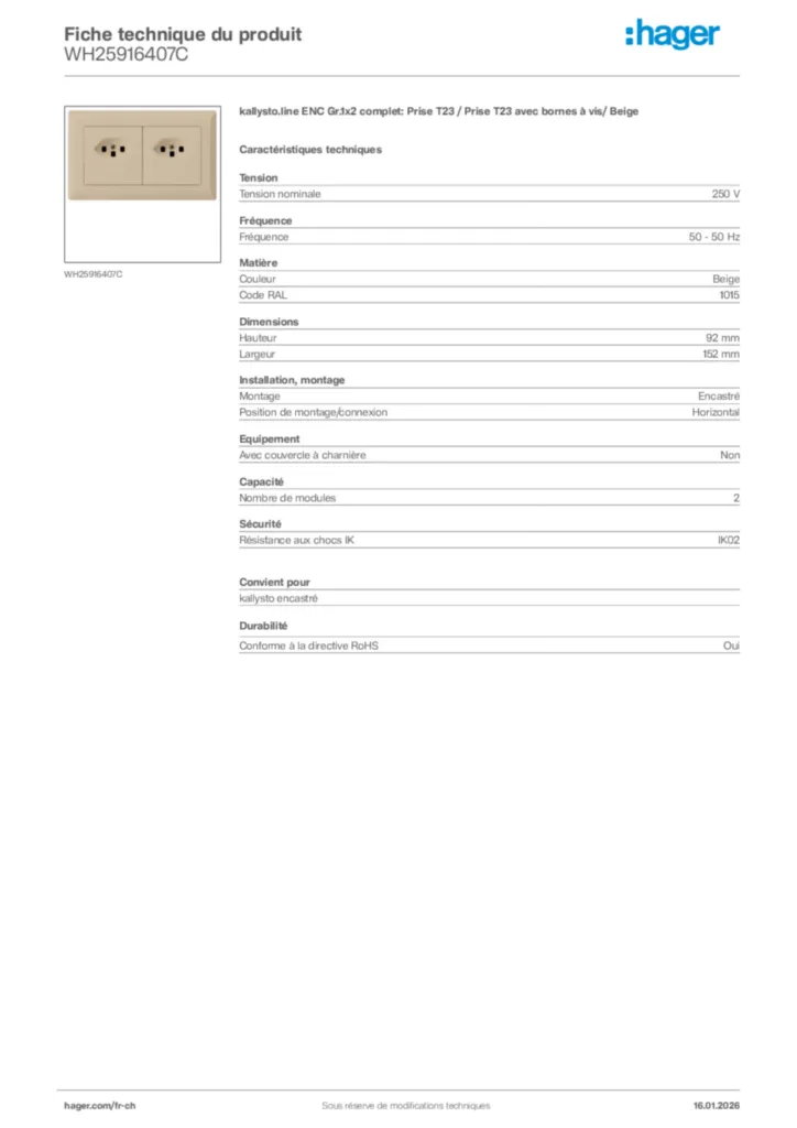 Image Hager Fiche technique du produit WH25916407C | Hager Suisse