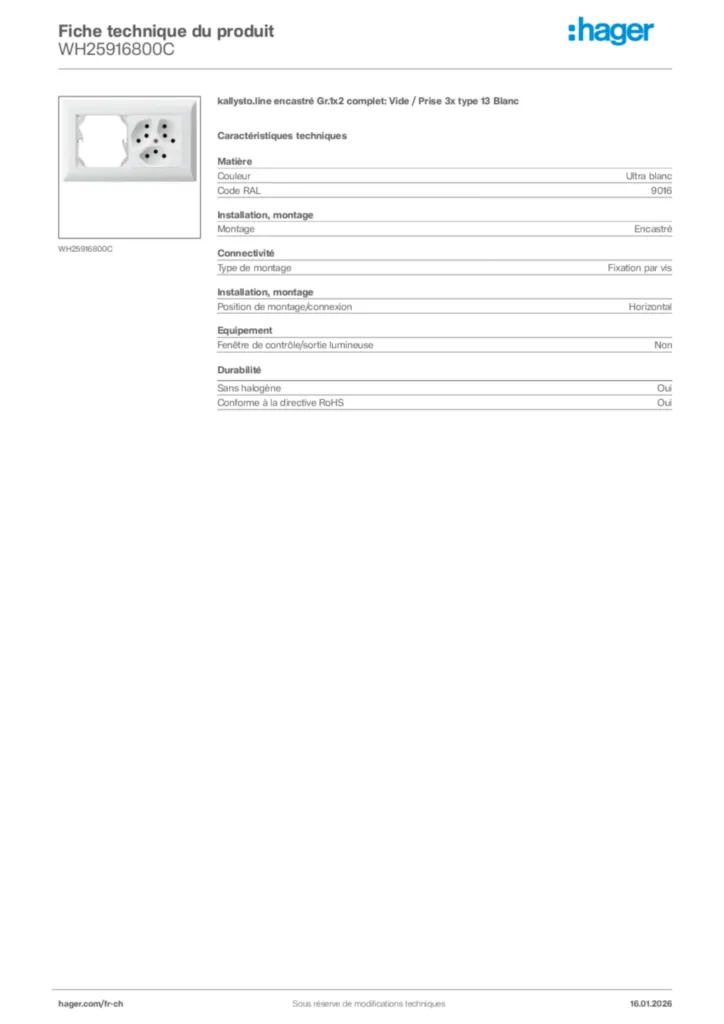 Image Hager Fiche technique du produit WH25916800C | Hager Suisse
