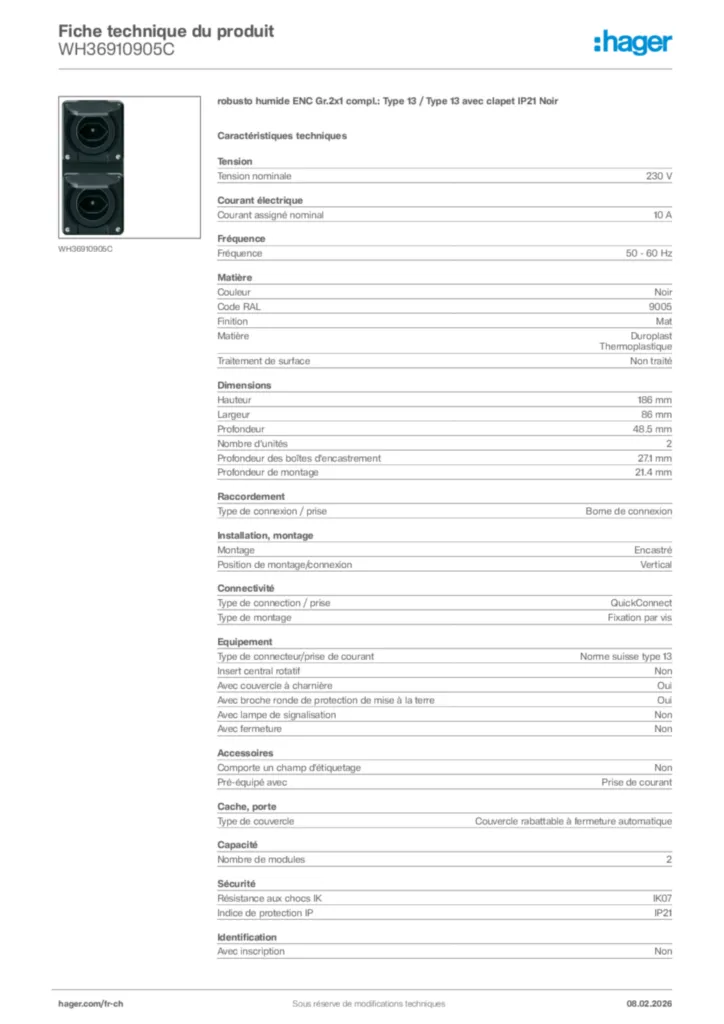Image Hager Fiche technique du produit WH36910905C | Hager Suisse