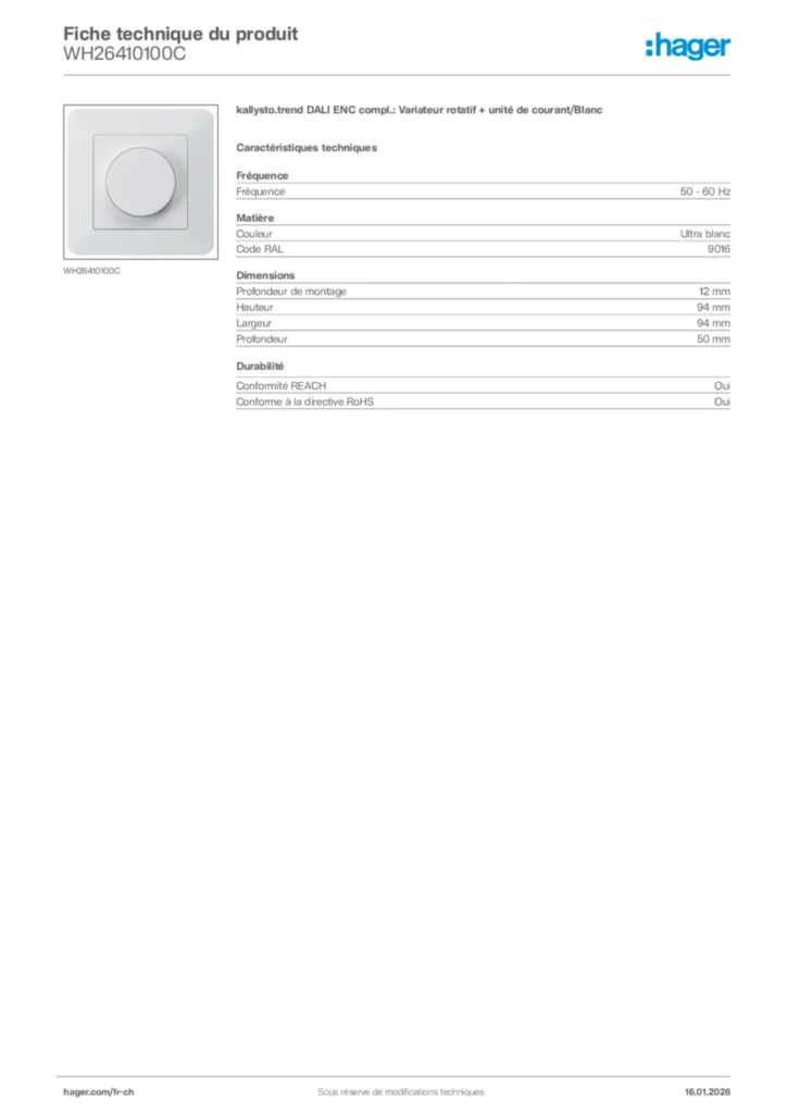 Image Hager Fiche technique du produit WH26410100C | Hager Suisse