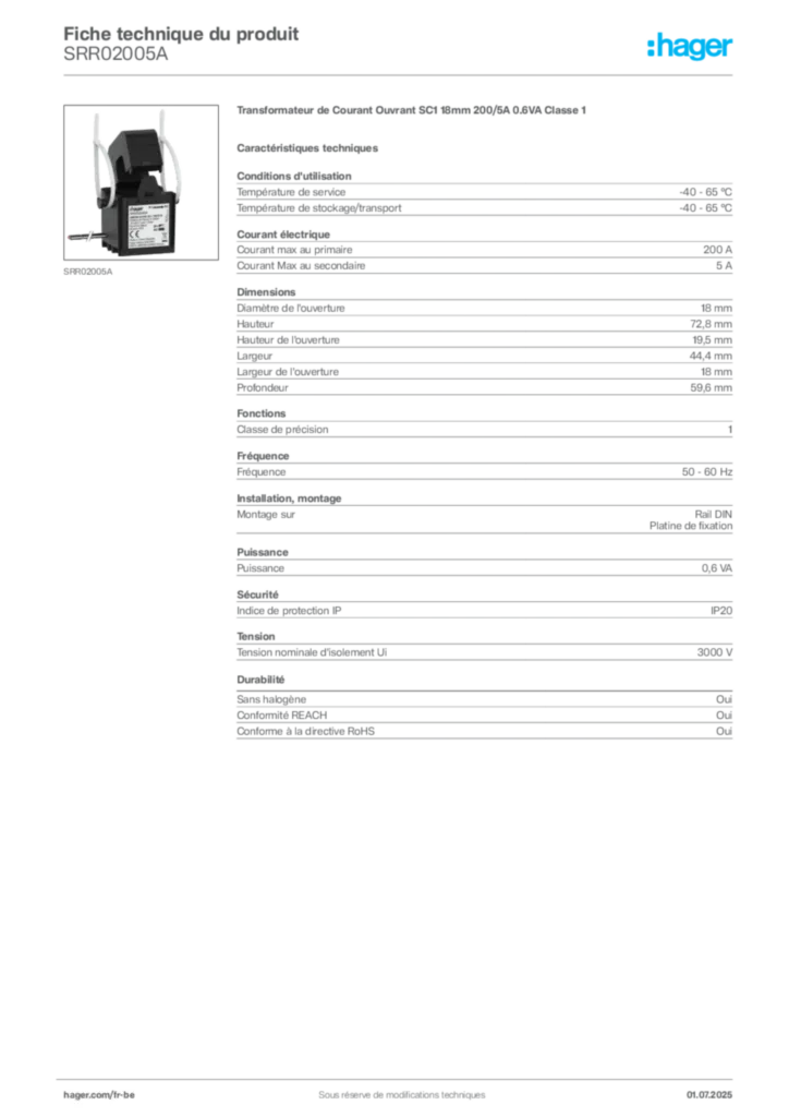 Image Hager Fiche technique du produit SRR02005A | Hager Belgique