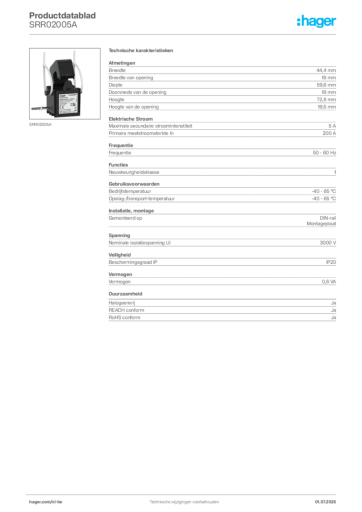 Afbeelding Hager Productdatablad SRR02005A | Hager Belgium