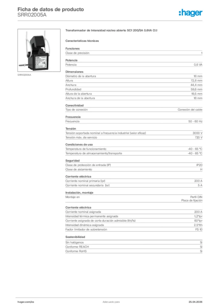 Imagen Hager Ficha de datos de producto SRR02005A | Hager España